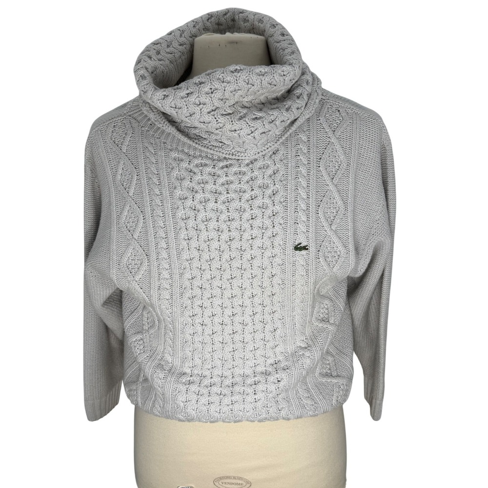 Lacoste Cable Knit Cowl Neck Sweater Light Gray Women Size 40